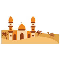Islamic dessert background for broder and corner decoration. Authentic Traditional Arabian Mud Brick Mosque with camel. Islamic Architecture.