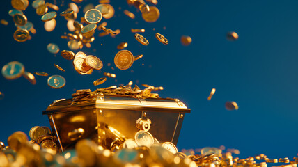 Gold coins spilling from an overflowing treasure chest against a blue background, symbolizing wealth and abundance.