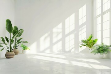 Minimal living room with indoor plants. Bright authentic home interior with plants. Home gardening and biophilic design Sunlight fills the spacious, airy rooms