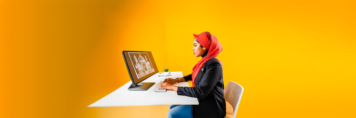 architect future workstation with muslim woman on a yellow design - Powered by Adobe