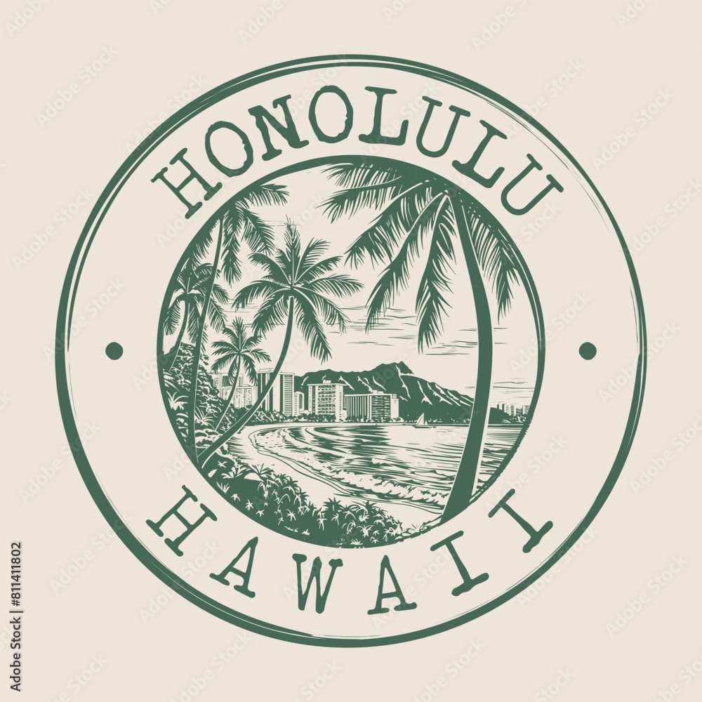 Sticker Honolulu, Hawaii Stamp City Postmark. Silhouette Postal Passport. Round Vector Icon. Vintage Postage Design.	
