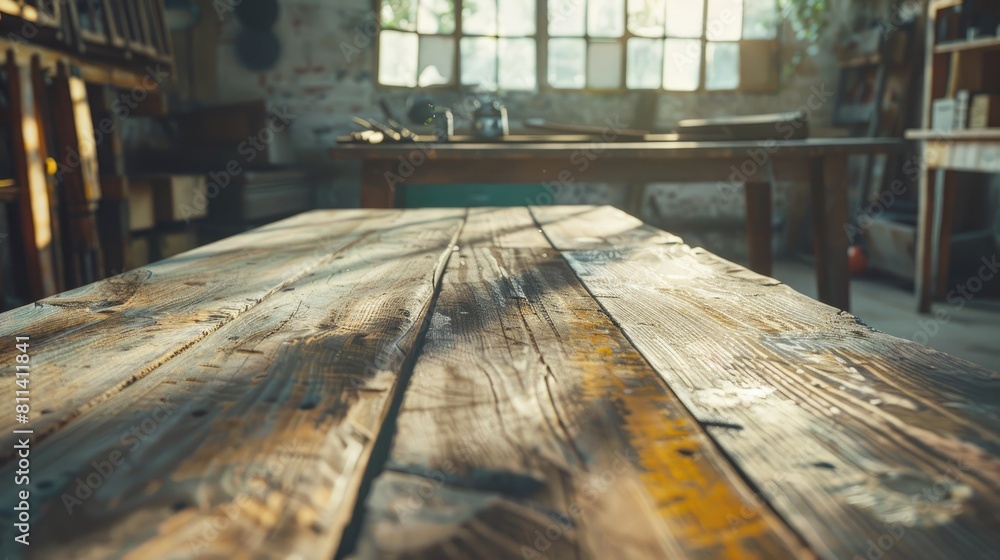 Poster old weathered wooden table and workshop setting vintage retro image of background and mockup with na