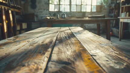 Old Weathered Wooden Table and Workshop Setting Vintage Retro Image of Background and Mockup with Natural Light and Shadows