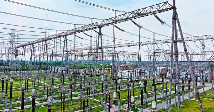 Aerial shot of substation power tower equipment landscape