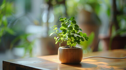 A small, vibrant potted plant sitting on a wooden table, bathed in natural sunlight near a window.