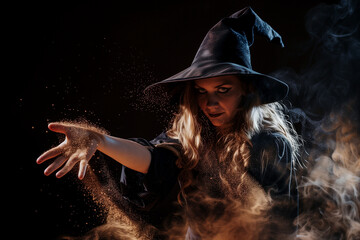 A black witch casting a spell by throwing sand