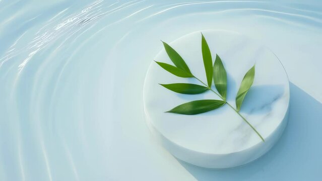 Empty Marble Podium with Green Leaf in Water. Product Presentation Concept.  Loop Video Background for Product Display