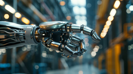 Close-up of a futuristic robotic hand demonstrating advanced technology in an industrial setting.