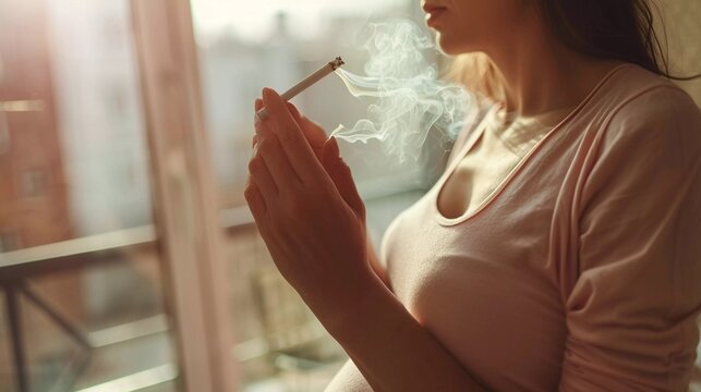 A pregnant woman holding a cigarette, emphasizing the dangers of tobacco use during pregnancy