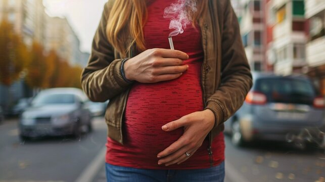 A pregnant woman holding a cigarette, emphasizing the dangers of tobacco use during pregnancy