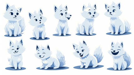 A collection of cute and cuddly arctic fox characters with various facial expressions. Perfect for use as emojis, stickers, or illustrations.