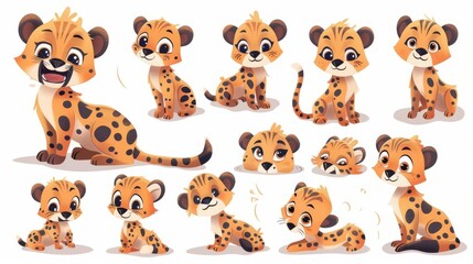 Obraz premium A collection of cute and cuddly cheetah cubs in various poses. These adorable illustrations are perfect for children's books, games, and other projects.