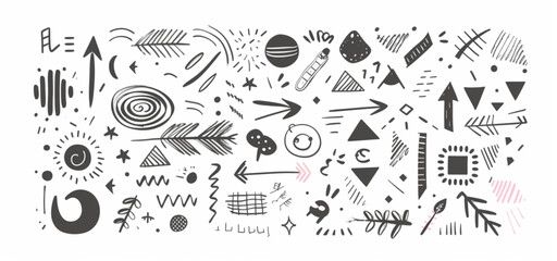 
Set of hand drawn doodle arrows, circles and shapes for design elements vector illustration on a white background. Doodled in the style of various artists