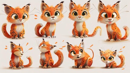 A collection of cute cartoon bobcat characters in various poses. The characters are all orange and white, with big eyes and fluffy tails. They are shown in a variety of poses.