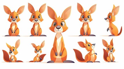 Obraz premium A collection of cute cartoon kangaroos in different poses. They are all different colors and have different expressions on their faces.