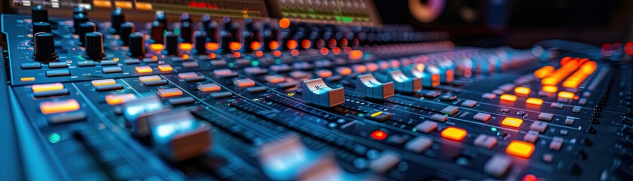 Detailed view of a professional audio mixing console