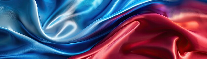The abstract image showcases a blend of blue and red hues, depicted through a flowing, glossy satin fabric that twists and turns around the captivating artwork