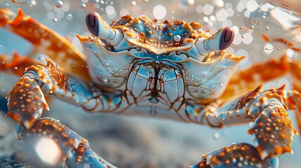 Extreme close-up of a blue crab, vividly detailed, surrounded by sparkling water droplets in a dynamic aquatic environment.