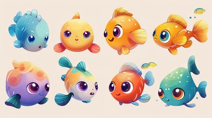 A group of cute and colorful cartoon fish, perfect for a children's book or animation.