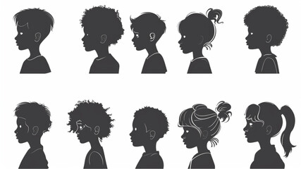 set of silhouettes children boys and girls, collection isolated vector 3D avatars set vector icon, white background, black colour icon