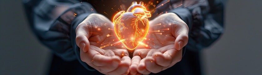 The concept of hope and healing for individuals with cardiovascular problems is symbolized by the image of a human heart suspended in the palms of two hands