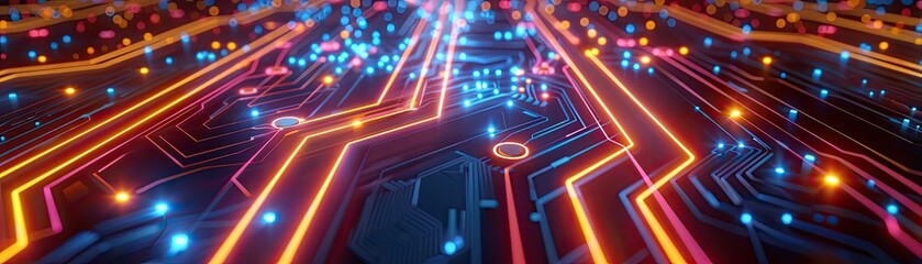 The complex routes of a circuit board are illuminated by neon lines, radiating with vitality as processors perform calculations at quantum velocities, underlying concept
