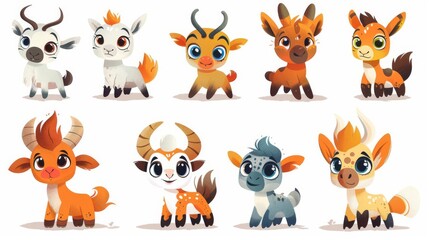 A group of cute cartoon antelopes with different colors and poses.