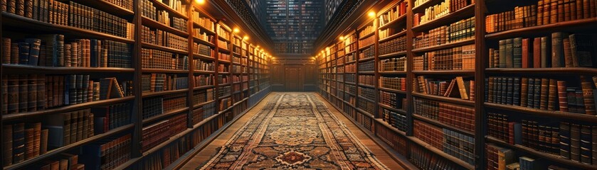 The wide shot captures the ancient library shelves, lined with rows of old books, creating a dusty atmosphere. The soft amber lighting adds to the ambiance, enveloping the space in a warm glow