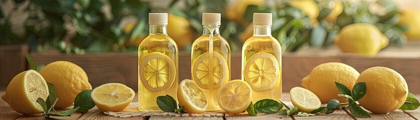 There are three bottles of vibrant liquid soap adorned with lemon motifs