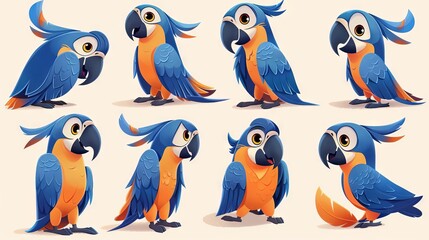 Fototapeta premium A set of cute and colorful parrot cartoon characters in various poses.