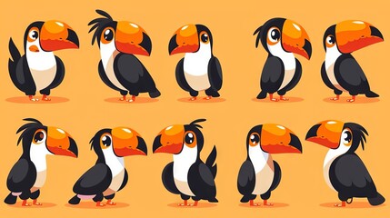 A set of cute cartoon toucan bird characters with different emotions and poses.