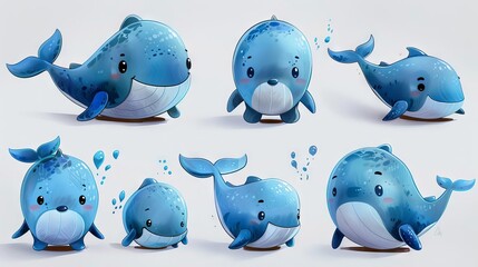 A set of cute cartoon whales. They are blue and have big eyes. They are all smiling and look happy.