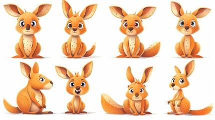 Naklejka premium Set of cute cartoon kangaroos in different poses. illustration.