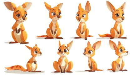 Obraz premium Set of cute cartoon kangaroos in different poses. illustration.