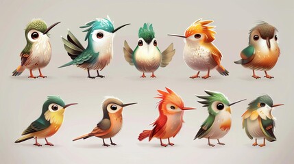 Fototapeta premium Ten colorful cartoon birds with different appearances are arranged in two rows.