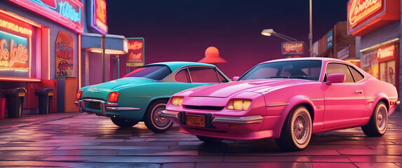 Neon-lit vintage cars in a retro setting