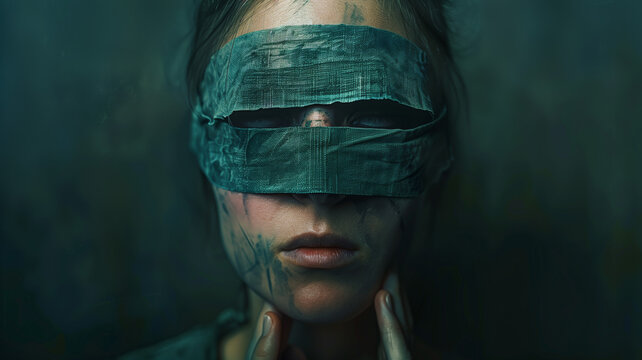 self-denial, featuring a person blindfolding themselves, symbolizing the avoidance or denial of their own negative traits or characteristics