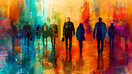 a painting of people walking in a city with a colorful background