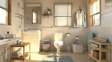 A 3D rendering of a modern and clean bathroom. It includes a sink, toilet, shower, and other amenities