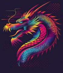 Vibrant rainbow dragon on a black background, perfect for t-shirt graphic design