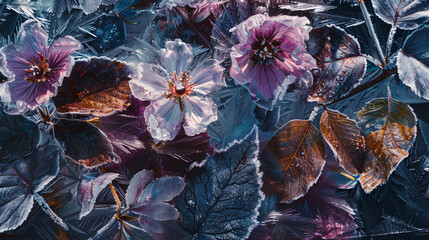 Flowers and leaves in the ice, frozen floral.Abstract organic art.