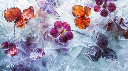 Flowers and leaves in the ice, frozen floral.Abstract organic art.