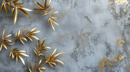golden bamboo leaves on gray cement texture,Abstract background