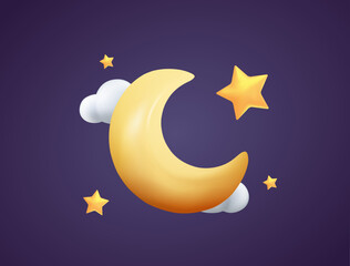 Yellow crescent in clouds and stars on dark blue background 3D illustration. Ramadan Kareem Horizontal Banner. 3D Moon