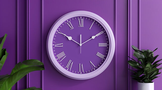 wall-clock on a Purple wall, Purple background. 3d rendering.
