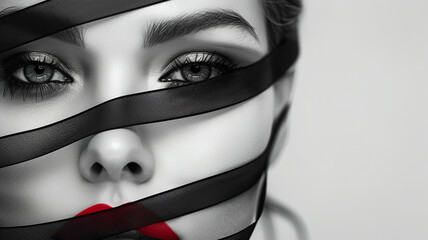 abstract young woman face, black strip decorated on white background.