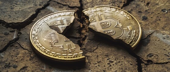 A divided bitcoin coin lying on a wornout surface, symbolizing the significance of the Bitcoin Halving Concept