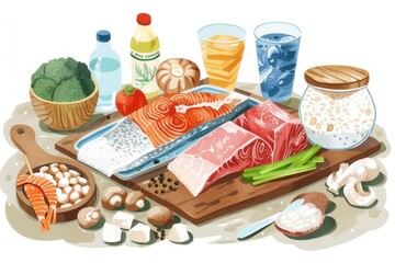 Vibrant and detailed depiction of meats, dairy, and nuts, ideal for cookbooks and culinary websites., low-histamine diet, illustration