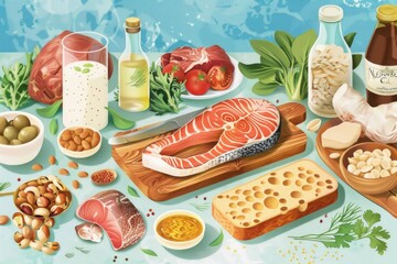 Colorful and informative food artwork, suitable for restaurant menus, food packaging, and marketing materials.low-histamine diet, illustration