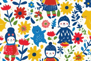 Cheerful children's pattern with colorful characters and flowers, perfect for nursery decor and apparel.kids naive style, illustration, wallpaper